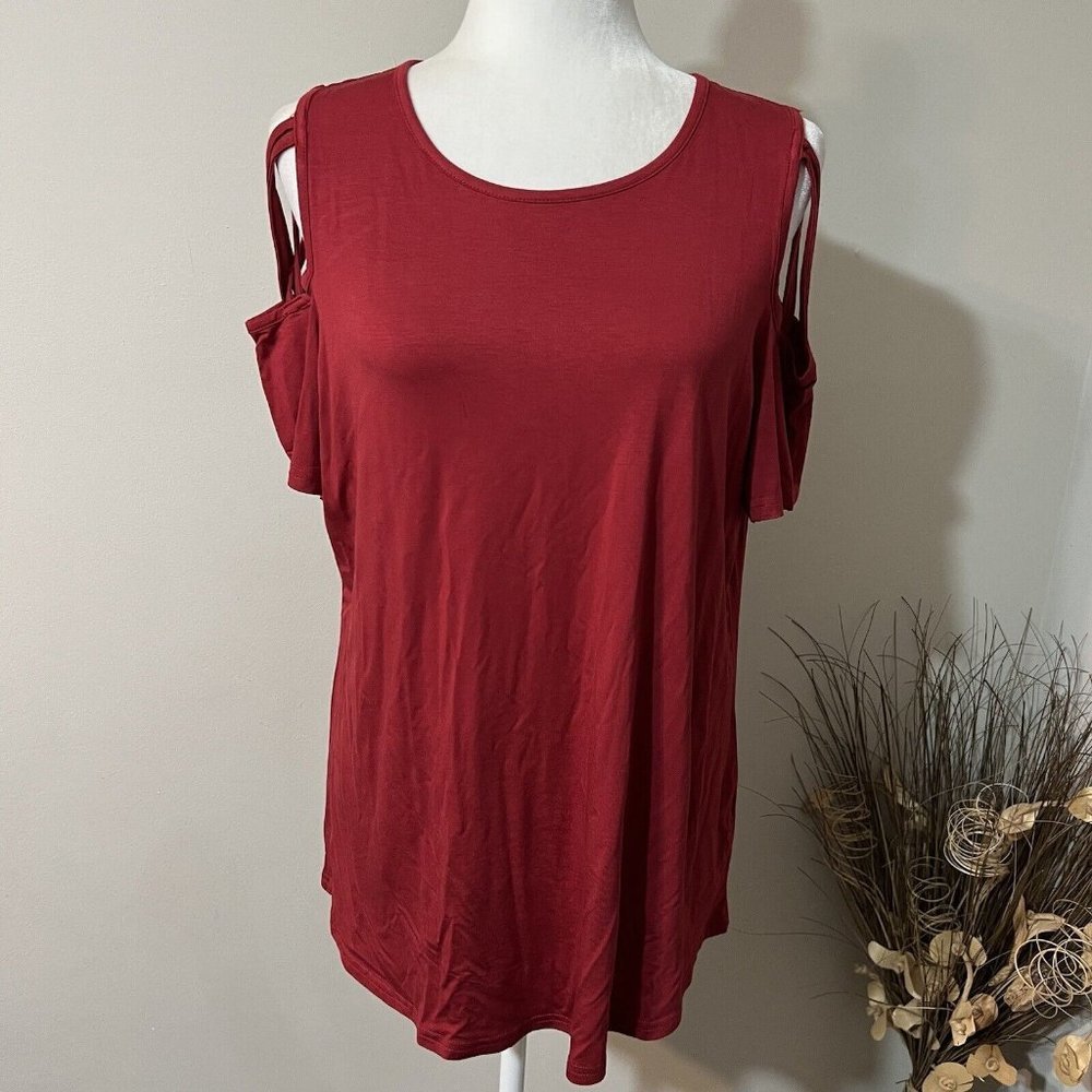 Adreamly Pullover Tunic Shirt Womens Burgundy Crossed Cold Shoulder Sz XL NWT